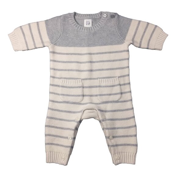 baby GAP Cream And Gray Striped Cozy Knit Winter Romper Onesie US 0-3M - Picture 1 of 4